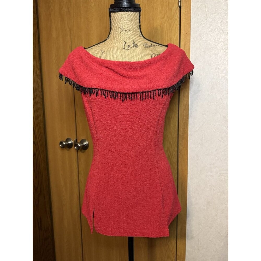 VTG NICOLE STUDIO Red Bardot Blouse Top Fringe LARGE Slinky Boho Hippie Chic